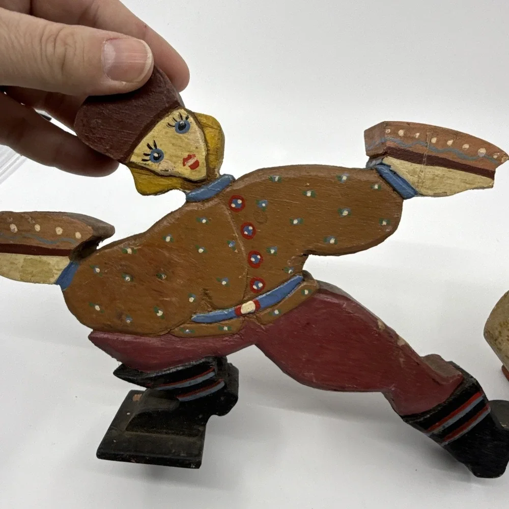 Vintage Pair of Folk Art Wooden Jumping People‎ Candle Stick Holders 6